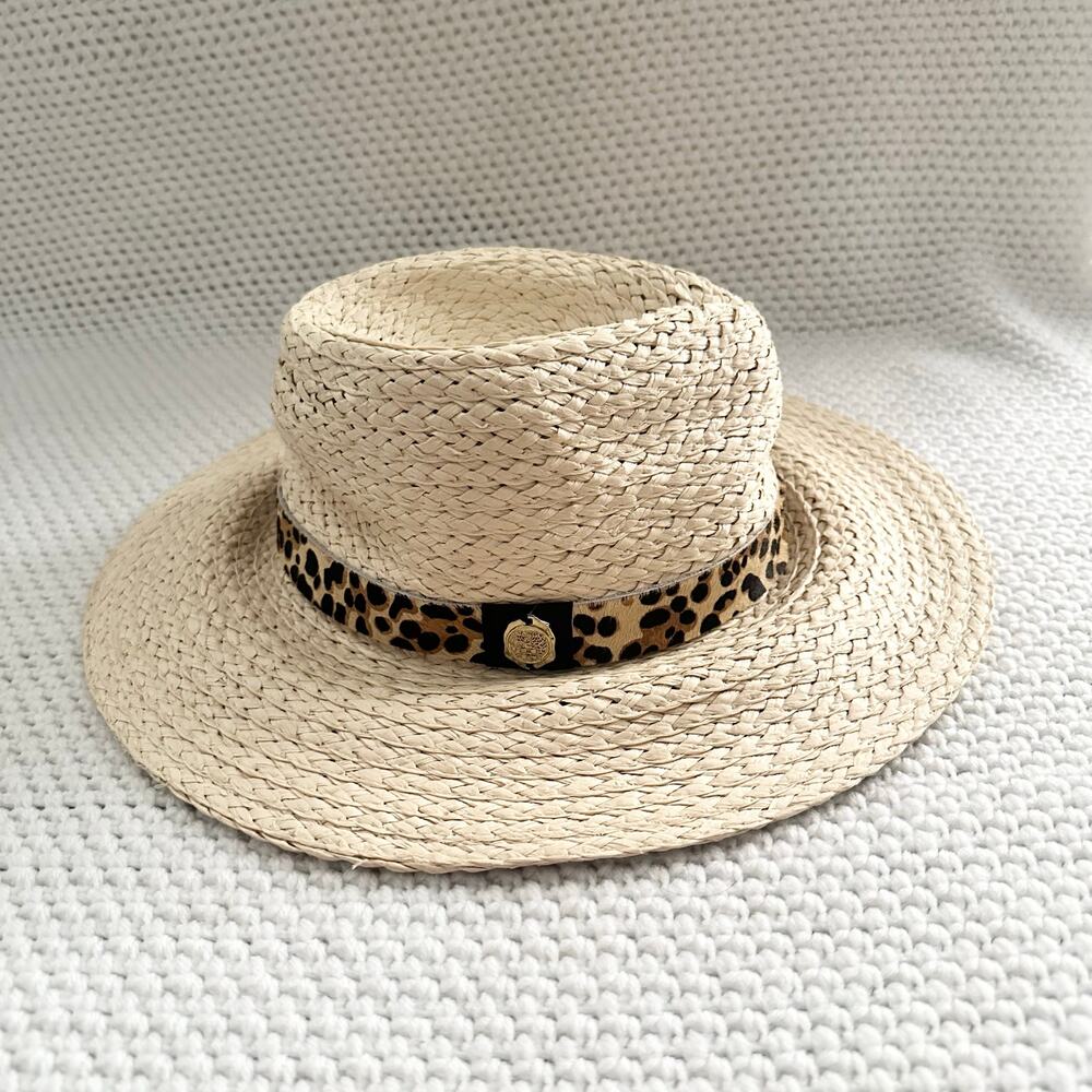 Vince Camuto Beige Straw Leopard Pony Hair Band Summer Hat Floppy Panama OS - Picture 9 of 10